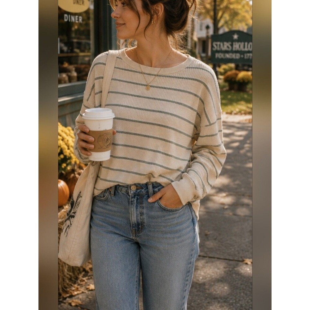 Aerie Striped Thermal Waffle Knit L/S XS Beige Pistachio Green Granola Girl Over